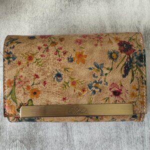 PATRICIA NASH Cametti floral leather RFID trifold wallet Prairie Rose Tan Red